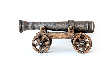 An ancient iron cannon mounted on wooden wheels, isolated against a white background.