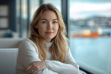 Canvas Print - 30 years old corporate woman sitting close to the window, lounge area, in a big office, looking out of the window to the open water.