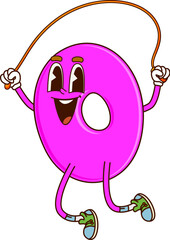 Poster - Math zero number groovy character. Preschool kids education math symbol cartoon character or school algebra funny numeric symbol groovy personage. Mathematics 0 digit happy mascot with jump rope