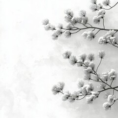 Wall Mural - Snow covered branches create a serene winter atmosphere against a soft white backdrop