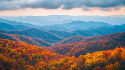 Poster - Autumn Foliage in the Smoky Mountains, with Hazy Blue Mountains in the Background