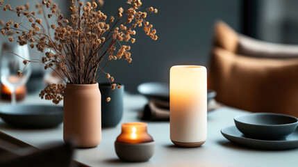 Poster - Cozy table setting with dry floral arrangement, glowing candle, and ceramic dishes in a minimalist interior