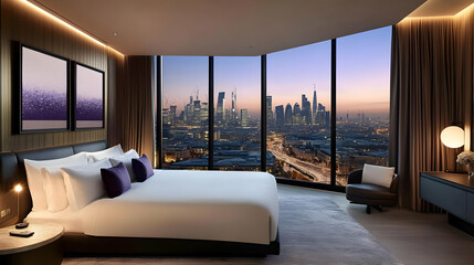 Poster - Luxurious hotel room with city skyline view at sunset.