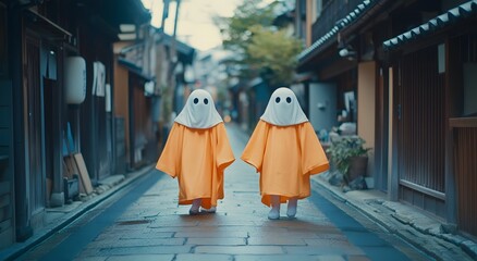 Two cute anime character kids with black eyes and orange cloth white scary mask are having fun standing on an old street. Concept of kids having fun at Halloween festival in the middle of the street