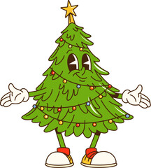 Aufkleber - Cartoon Christmas pine tree groovy character in hippie sneakers. Isolated vector funky spruce with light garland and star topper, spreading cheer with a jazzy retro vibes and glittery decorations