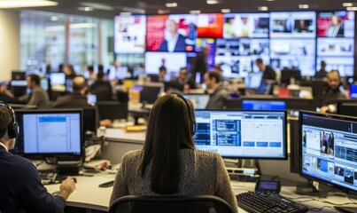 Newsroom with people working at computers.