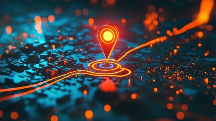 Poster - 3D GPS tracking map with a navigation pin, visualizing a real-time journey and destination search through digital technology