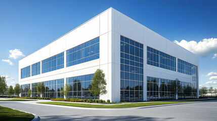 Sticker - Modern commercial building with large glass windows and landscaping.