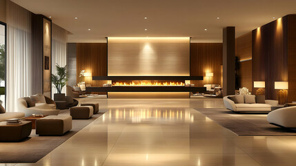 Sticker - Modern hotel lobby with elegant seating and a central fireplace.