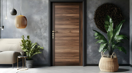 Wall Mural - Modern interior with wooden door, plants, and stylish decor.