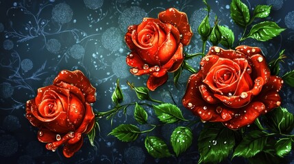 Fototapete - A captivating digital artwork featuring beautiful red roses adorned with water droplets on a dark background, symbolizing love and elegance in floral design.