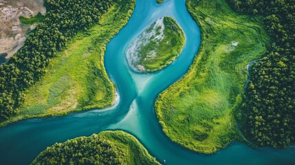 Poster - Aerial View of a Serpentine River Winding Through Lush Green Forested Landscape