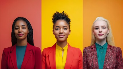 Diverse group of successful business women in a modern corporate setting,working together as a team. They represent different ethnicities and cultures.