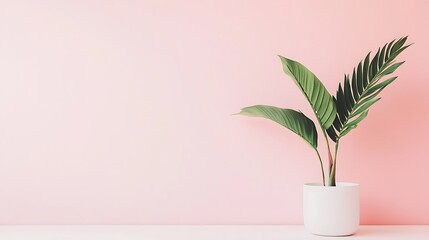 A serene indoor space featuring a delicate plant against a minimalist pale pink gradient backdrop background