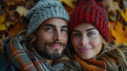 Happy couple in autumn, a young woman and man enjoying a romantic relationship, surrounded by nature beautiful fall season, lying together in a park.