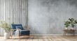 © olegganko - Modern living room with a cozy blue chair and indoor plants in a minimalist design