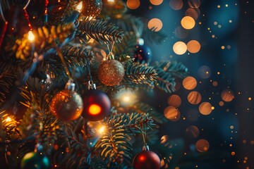 A warmly lit Christmas tree decorated with colorful baubles and tinsel ,A stunning Christmas tree adorned with colorful ornaments and bright lights, capturing the essence of holiday festivities.