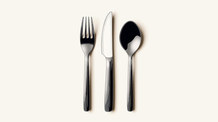 Poster - Minimalist arrangement of silver fork, knife, and spoon on a plain white background.