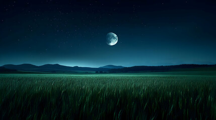 Canvas Print - A serene night landscape featuring a full moon over a grassy field.