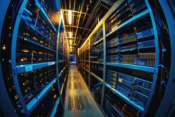 Poster - a wide-angle view of a massive server farm ,a view of a data center bathed in blue lights, highlight
