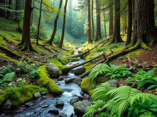 Wall Mural - A stream of water flows through a forest with moss growing on the rocks. The water is clear and the moss is green. The scene is peaceful and serene, with the sound of the water