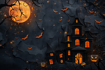 Halloween card background frame image, castel and jack-o'-lantern frame image