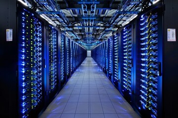 Poster - a wide-angle view of a massive server farm ,a data center scene with blue lights, illustrating a hig