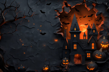 Halloween card background frame image, castel and jack-o'-lantern frame image