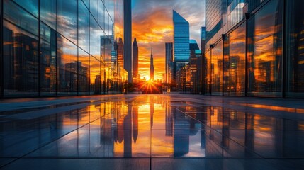 Poster - A modern cityscape featuring glass structures reflecting the warm golden sunset, creating a surreal urban landscape filled with warmth and vibrant colors.