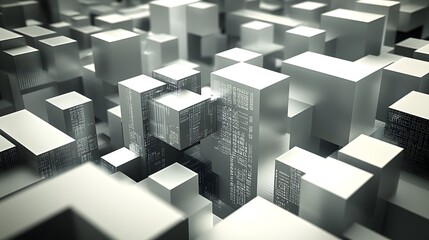 Abstract futuristic 3d cityscape with digital code patterns on metallic cubes
