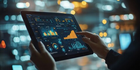 An individual analyzes stock market trends on a laptop in a city setting at night