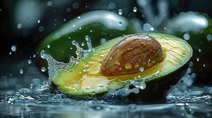 Canvas Print - Avocado fruit slice with a splash of water, Two avocado halves, a yellow fruit.