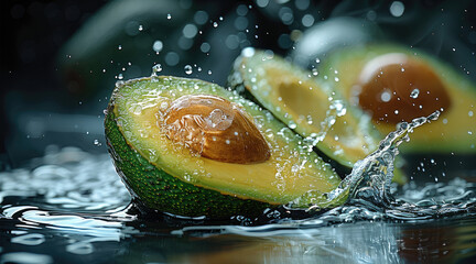 Poster - Avocado fruit slice with a splash of water, Two avocado halves, a yellow fruit.