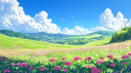 A vivid clover field flourishes under a clear blue sky with fluffy clouds, showcasing the lively colors and the joyful spirit of spring and nature's beauty.