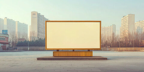 A large white billboard sits in front of a city skyline