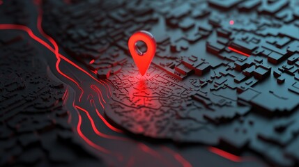 Poster - Abstract 3D map with a glowing red GPS pin, representing road map navigation and the use of digital tracking systems