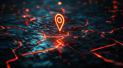 Poster - Abstract 3D map with a glowing red GPS pin, representing road map navigation and the use of digital tracking systems