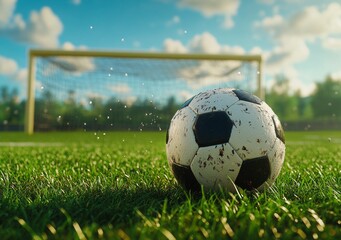 A close up view of a soccer ball on green grass in a well maintained sports field during daytime