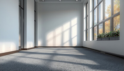 Corner of room,Office room, corner of vacant room with carpet floor, corner of large empty office with gray carpet, white walls and high ceiling.