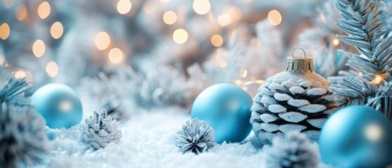 A serene light blue Christmas theme featuring sparkling ornaments and delicate snowflakes, creating a tranquil atmosphere filled with festive joy and seasonal charm.