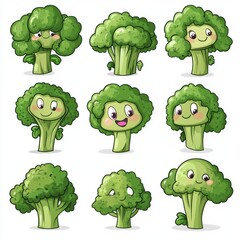 Cute broccoli characters with smiling faces express various emotions in a playful layout