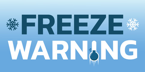 freeze warning banner. gradient background with text, snowflakes and a frozen thermometer. winter we