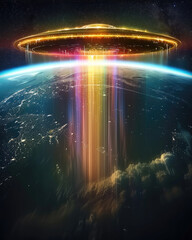 Poster - An alien spacecraft flying above Earth, with a rainbow halo around the spacecraft. The view is from space, looking down at Earth, with alien light radiating.