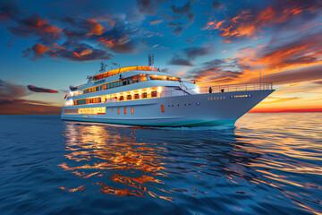 luxury cruise ship sailing on the sea at sunset, with colorful clouds in the sky and blue water. creating an atmosphere of high-end travel for passengers to enjoy a luxurious vacation experience