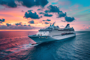 luxury cruise ship sailing on the sea at sunset, with colorful clouds in the sky and blue water. cre
