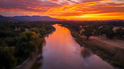 Wall Mural - Serene sunset over a winding river with lush greenery.