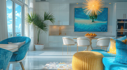 Colorful condo interior design with white sandy influence, sea blue and subtle pops of color.