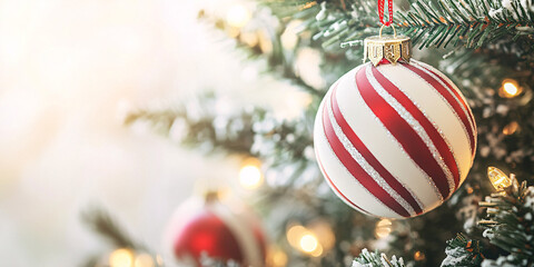 Christmas banner with  bauble ornament with red and white stripes on tree with copy space