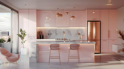 Sticker - Modern pink kitchen with marble accents and stylish decor.