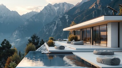Poster - A luxurious mountain villa with a terrace overlooking the peaks.
